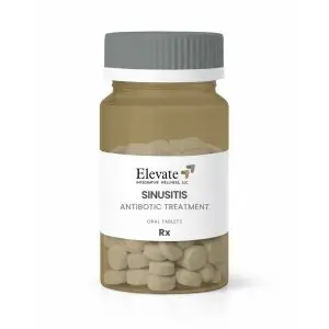 Bottle of Elevate Sinusitis Antibiotic Treatment Oral Tablets (Rx) with gray cap and white label, shown from front.