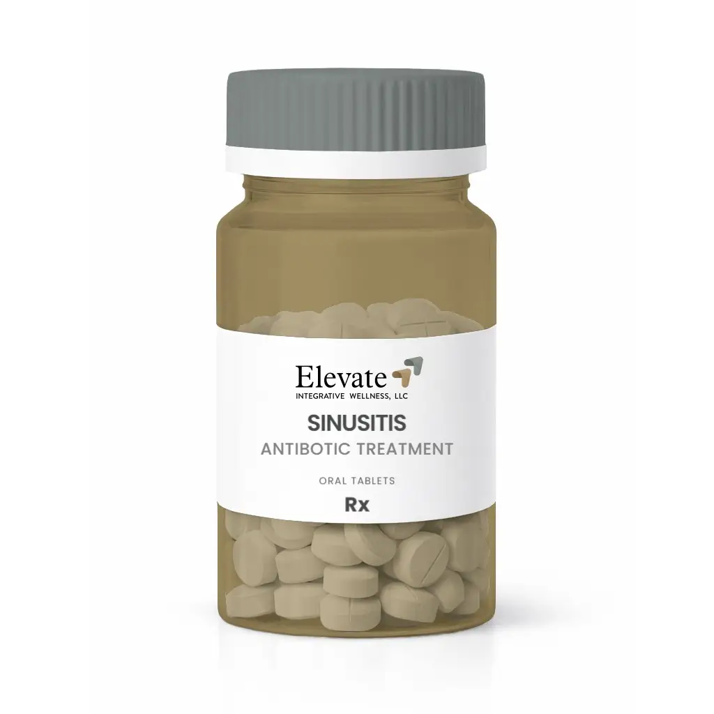 Bottle of Elevate Sinusitis Antibiotic Treatment Oral Tablets (Rx) with gray cap and white label, shown from front.