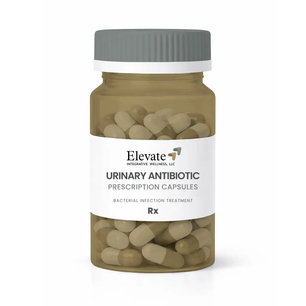 Prescription bottle labeled Elevate Urinary Antibiotic Capsules containing beige capsules inside the bottle.