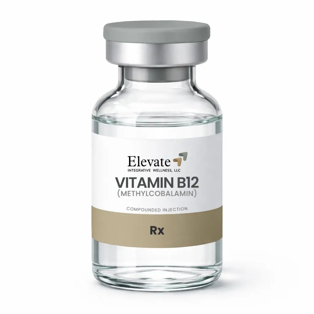 Glass vial with gray cap labeled Vitamin B12 (methylcobalamin) for injection, RX band visible