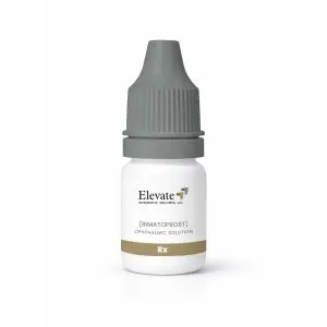 White bottle of Elevate Bimatoprost ophthalmic solution with a gray dropper cap and Rx band on the label