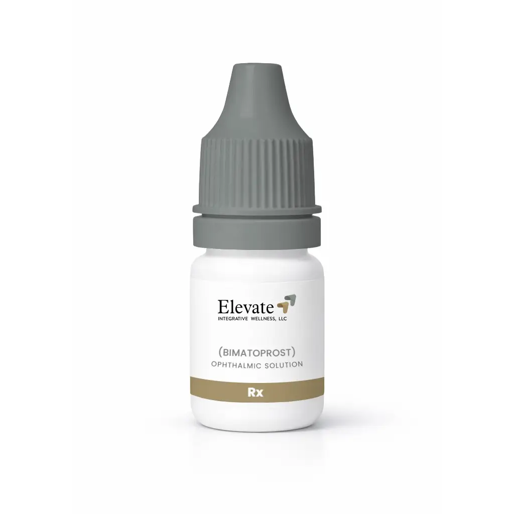 White bottle of Elevate Bimatoprost ophthalmic solution with a gray dropper cap and Rx band on the label