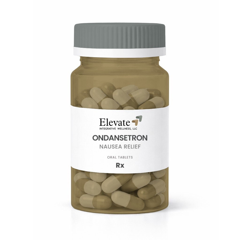 Bottle of Ondansetron nausea relief tablets by Elevate Integrative Wellness, in a amber pill bottle with a gray cap and white label