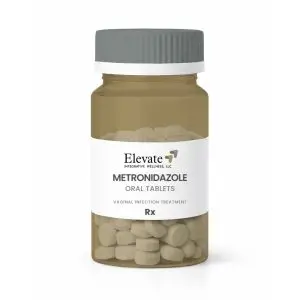 Prescription bottle of Metronidazole oral tablets for vaginal infection treatment, Elevate label on white band.