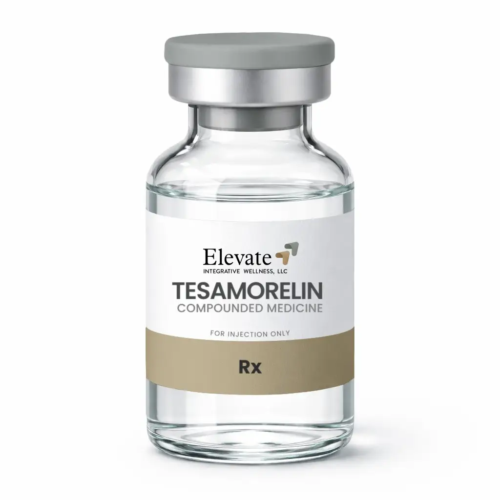 Vial of Tesamorelin medication for injection labeled Elevate Integrative Wellness LLC, Rx idea on the label.