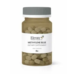 Pill bottle with a gray cap containing yellow-tan capsules; label reads Elevate Methylene Blue Dietary Supplement.
