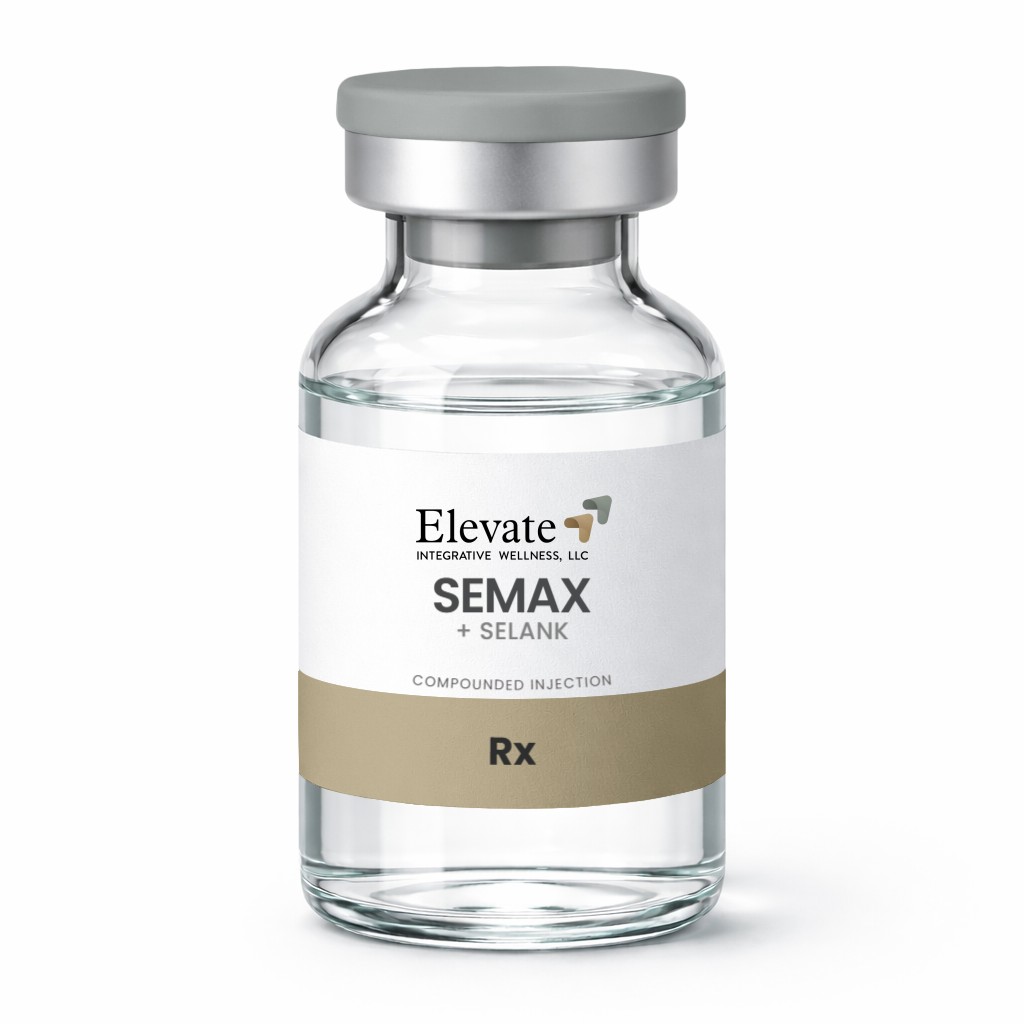 Glass prescription vial with gray cap, label reads Elevate Semax + Selank Compounded Injection, Rx