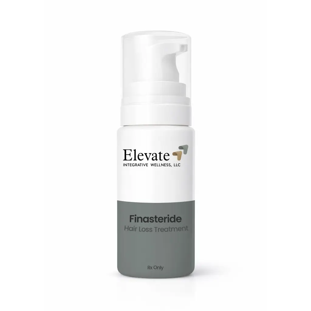 White and gray pump bottle labeled 'Elevate' Finasteride Hair Loss Treatment; Rx Only, for hair loss.